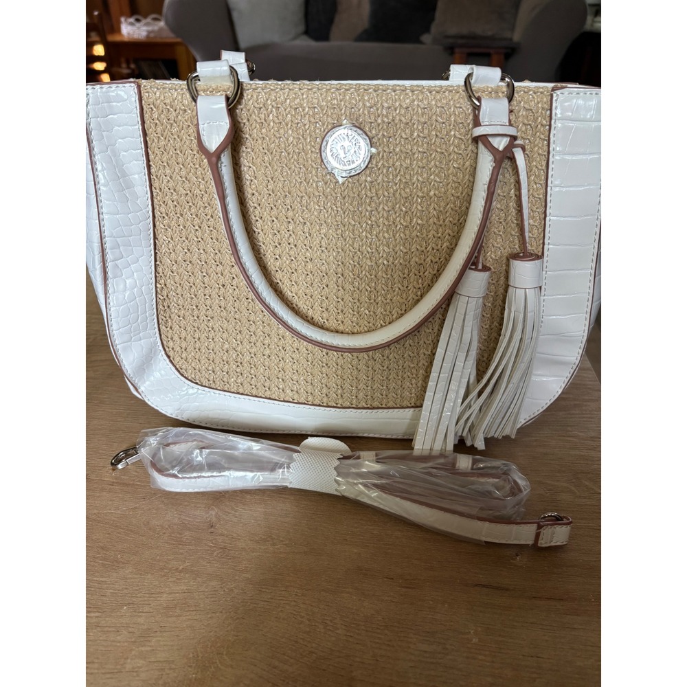 Anne Klein Straw Tote Bag White Croc Embossed Tassel Crossbody Handbag NWOT